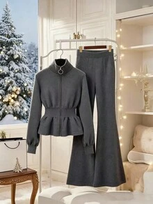 GlowEve 2pcs Women Solid Color Fashion Stand Collar Elegant Cinched Waist Outfits Set, Christmas