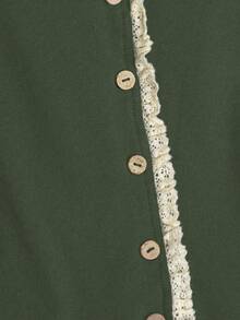 Everyssa 女士夏季拼接荷叶边短款泡泡袖单排扣T恤 - 軍綠色 - 查看 5