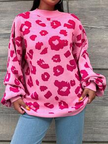 EURMUSE Plus Leopard Pattern Drop Shoulder Sweater, For Winter