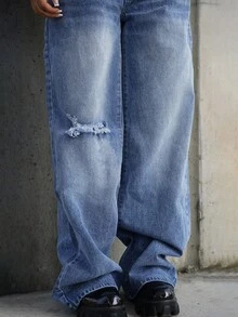 SAYEHFBABY B Distressed & Water Washed Straight Jeans - Medium Wash - View 3