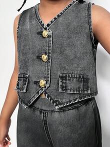 年轻女孩单排扣牛仔背心和工装牛仔裤休闲装 - 黑色 - 查看 6