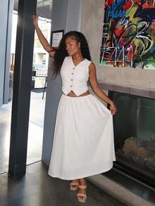 Tyla Gomez 女士夏季休闲纯色V领背心和裙子两件套亚麻 - 米色 - 查看 1