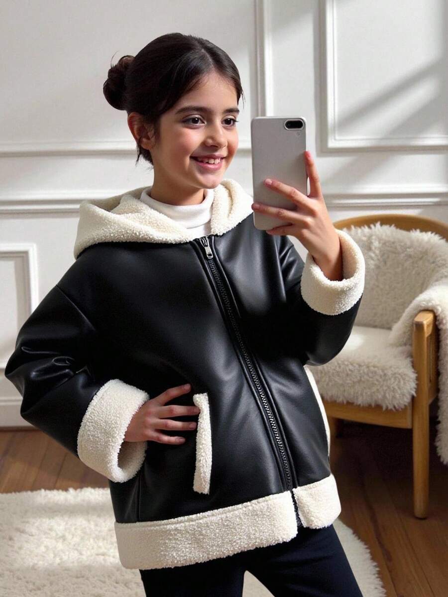 SHEIN Tween Girl Höst/Vinter Street PU Komposit Termofodrad Kontrastfärgad Huvad Bikerjacka, Supervarm och Bekväm, Lämplig För Vardagsbruk Och Skola Höst - Svart - Visa 1