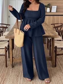 EMERY ROSE Bộ 2 món áo sơ mi và quần trơn màu cỡ lớn - Màu xanh lam - Xem 4