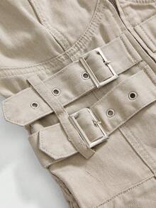 ROMWE Grunge Punk Y2K 破洞设计荷叶边系带拼接女式挂脖牛仔连衣裙 - 杏色 - 查看 3