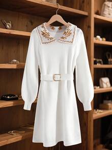 GlowEve 女式优雅花卉印花领长袖针织连衣裙，秋冬 - 白色 - 查看 8