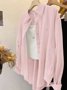 INAWLY 轻薄纯色长袖休闲防晒衬衫，夏季 - 粉色 - 查看 1