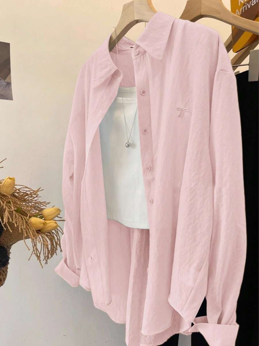 INAWLY 轻薄纯色长袖休闲防晒衬衫，夏季 - 粉色 - 查看 1