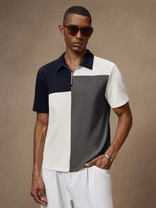 AKNOTIC Men's Knitted Patchwork "Old Money" Textured Slim Fit Short Sleeve Casual Polo Shirt, Suitable For Daily Wear, Commute, Spring/Summer, Vacation, Party, Wedding, Couple, Boyfriend Gift, Beachwear - Multicolor - View 3