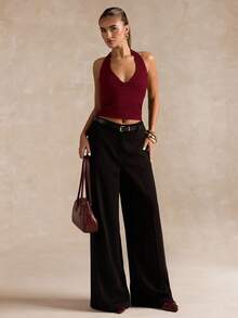 SHEIN BAE 女式简约纯色露背短款修身背心，夏季 - 酒紅色 - 查看 5