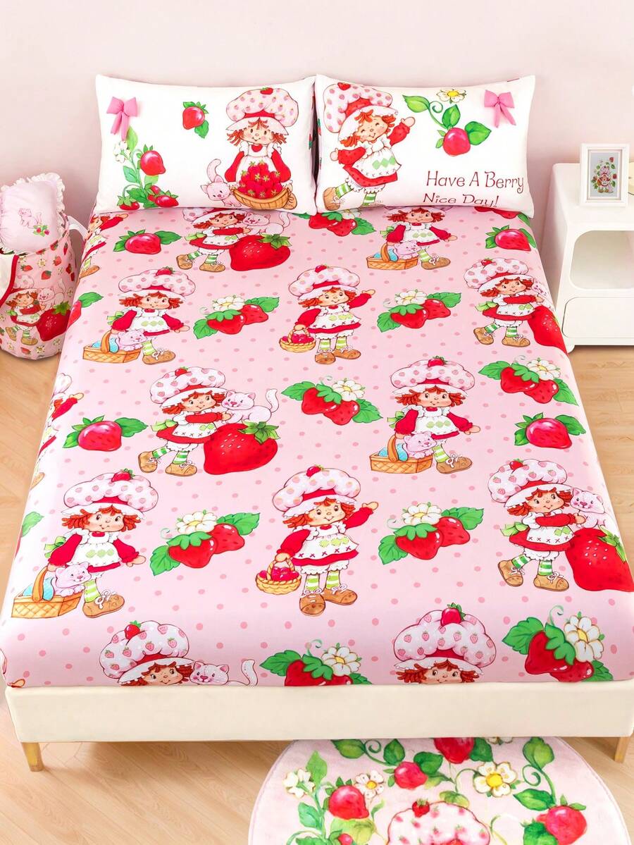 Strawberry Shortcake X SHEIN 1 Ga trải giường in hình hoạt hình, chất liệu mềm mại, phù hợp với nhiều kích cỡ giường, thoáng khí và ấm áp, thích hợp cho giường đơn/đôi/cỡ Queen/King của trẻ em, ý tưởng quà tặng. - Đỏ - Xem 1