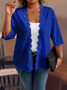 EMERY ROSE Damen Große Größen einfarbige Strickjacke mit Blumenspitzenbesatz, lässiges Kurzarm Top - Königsblau - Übersicht 6