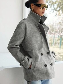 Lumivelle 秋冬时尚通勤双排扣大衣 - 藏蓝色 - 查看 5