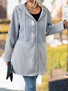 SHEIN CURVE+ Jacke in Große Größen mit strukturierten Einsätzen, Frontreißverschluss und Kapuze mit Kordelverschluss für den Lässig-Stil