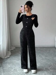 Elenzga Damen Lässige Latzhose mit quadratischem Kragen, ärmelos, dickes Karomuster, Knopfverschluss vorne, gerade Beine, geeignet für Halloween, Weihnachten, Neujahr, Thanksgiving, Arbeit, Abschlusszeit - Schwarz - Übersicht 7