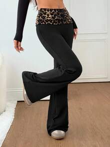 SHEIN PETITE Women's Casual Black Knitted Flare Leg Pants With Ruched Leopard Print Waistband Extra Long And Stylish Textured Pattern Cheetah Pants Leopard Print Pants Black Flare Pants Cheetah Print Bottoms Flared Leggings,Black Pants - Black - View 4