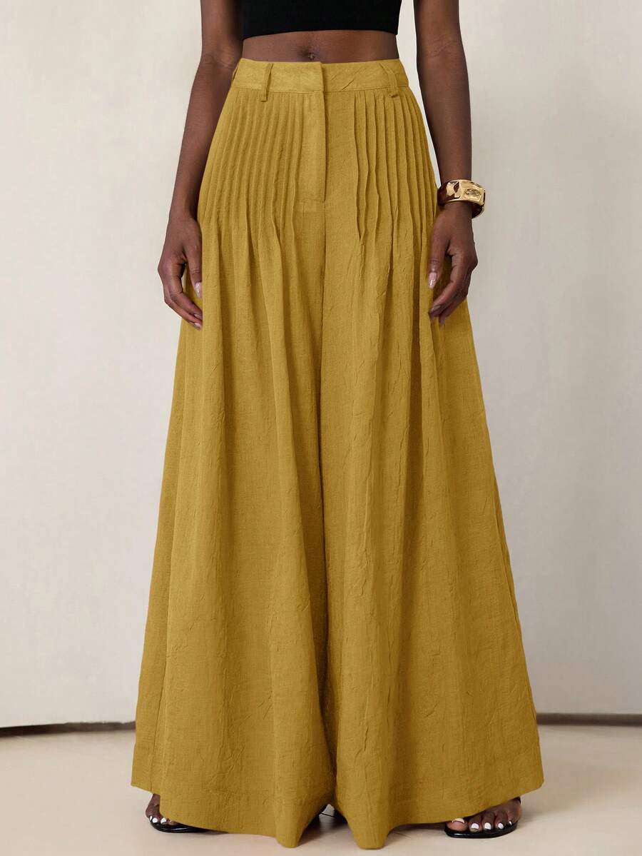 Aveloria Modichic Elegant & Sophisticated Pleated Relaxed Wide Leg Women Pants, Comfortable For Vacation - Yellow - View 1