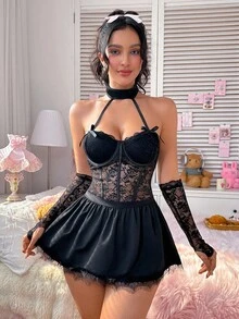 PetitDoll Bộ 4 váy công chúa gợi cảm và ngọt ngào với vải ren chắp vá, satin, dây đeo có thể điều chỉnh, gọng - màu đen - Xem 3