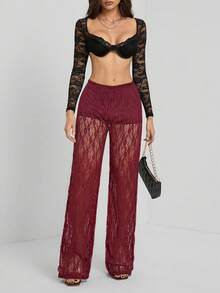 SHEIN Tall 女士纯色蕾丝拼接透视优雅时尚长裤 - 酒紅色 - 查看 4