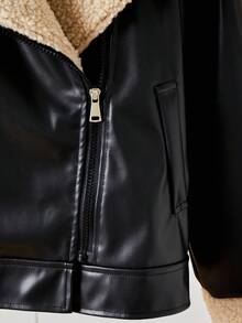 少女休闲百搭仿皮夹克，羊羔绒领口和袖口，下摆银色按扣，适合秋冬外出，可搭配长袖上衣、裤子、运动裤 - 黑色 - 查看 11