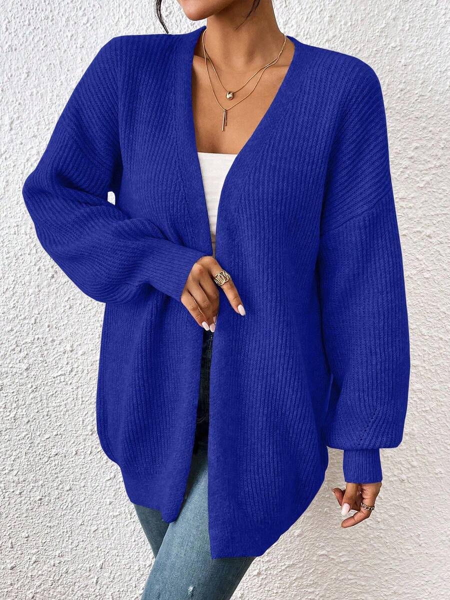 SHEIN LUNE Women's Casual Solid Color Drop Shoulder Long Sleeve Cardigan - Royal Blue - View 1