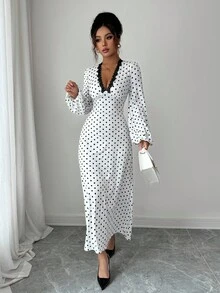 INAWLY Vestido feminino de manga comprida com decote em V e bolinhas, ideal para férias, encontros e passeios, outono/inverno - Branco - Ver 7