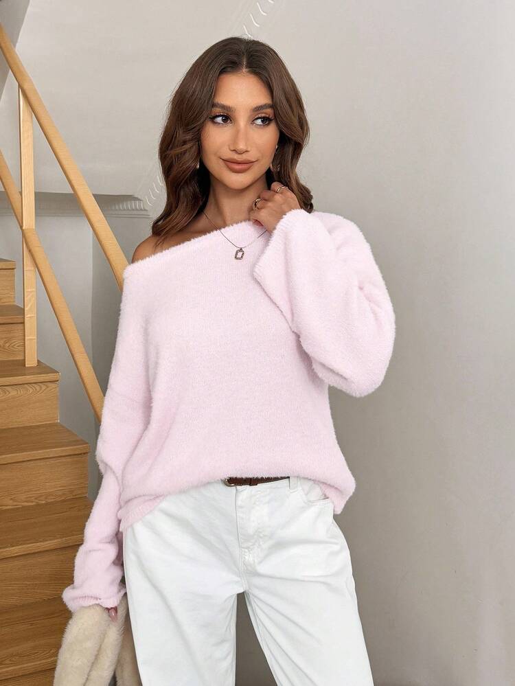 Easowa Nuevo suéter holgado y suave de punto esponjoso de estilo casual para otoño/invierno para mujeres - Rosa - Añade 3