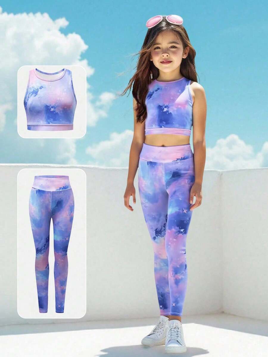 SHEIN 青少年女孩扎染印花瑜伽上衣和裤子套装，柔软透气健身服 - 彩色 - 查看 1