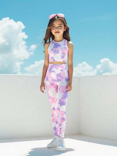 SHEIN Tween Girls Tie Dye Print Vest & Sports Pants Set, Soft Yoga Activewear