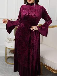 Modelyn Plus Size Women Velvet Embossed Flared Sleeve A-Line Dress, Elegant Party Evening Gown, Autumn/Winter - Red - View 7
