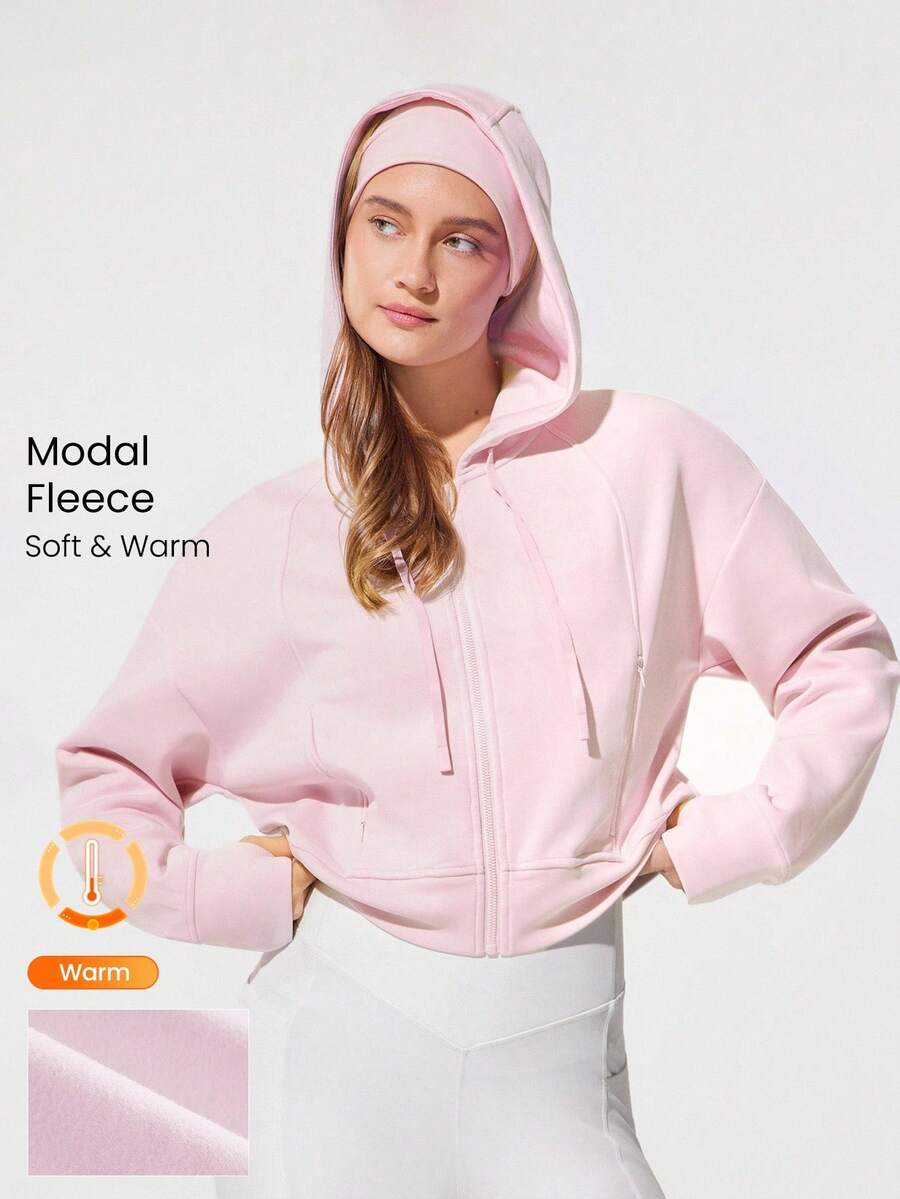 GLOWMODE Sudadera con capucha de manga larga con bolsillos laterales con cremallera, forro polar de modal, con ojales para el pulgar, para uso diario y casual - Rosa Pálido - Ver 1