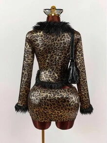 Amplova Conjunto de 2 piezas de top de manga larga y minifalda con estampado de leopardo y parches de piel sintética - Multicolor - Ver 7