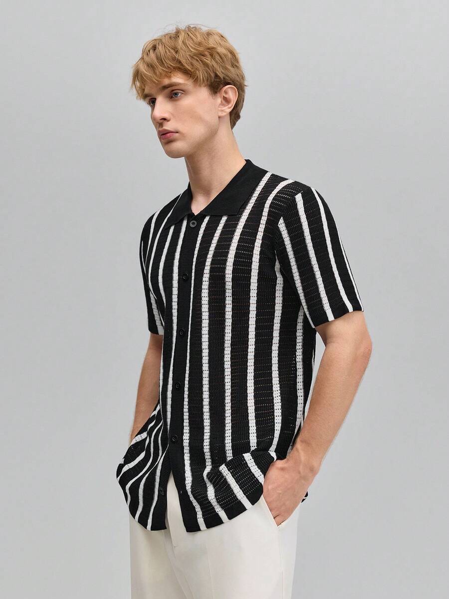 OFFICEAU Men's Contrast Color Hollow Knit Cardigan, Fashionable For Summer, Fall, Old Money Spring To Summer - Black and White - View 1