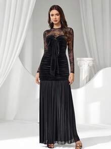Coutiva Women's Contrast Lace Long Sleeve Twist Front Ruched Fitted Elegant Evening Gown,Sequin And Pearl Cuff Design,Formal Party Dress For Wedding Guest - Black - View 5