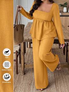 EMERY ROSE 大码女式纯色方领长袖荷叶边下摆衬衫和阔腿裤休闲两件套 - 芥末黃 - 查看 1