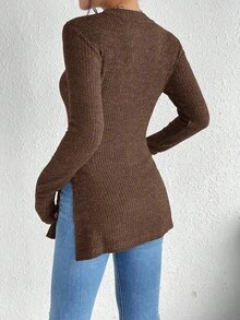 SHEIN Frenchy T-shirt côtelé à encolure ronde et ourlet en tricot côtelé en tissu à grain fendu - Tabac - Voir 2