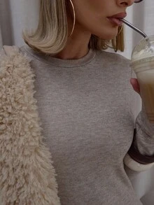 MUSERA 罗纹长袖圆领修身长款连衣裙，街头风可爱优雅休闲性感外出秋季太妃糖色晚宴优雅派对春夏度假装 - 杏色 - 查看 6