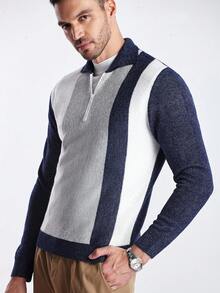 Manfinity CityGents كنزة صوفية كاجوال طويلة الأكمام مزركشة بالخطوط، خريف/شتاء