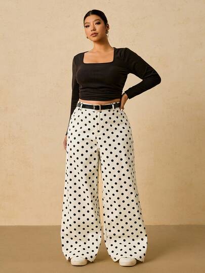 SHEIN Tall CURVE Jeans de pierna ancha con estampado de lunares, para uso casual y de oficina, tallas grandes