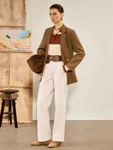 Chiquease Pantalones rectos de cintura alta con elegante patrón de espiga, de color albaricoque, adecuados para el uso diario, para otoño/invierno - Albaricoque - Ver 3