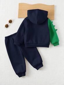 Cozy Pixies 2pcs Baby Boy Cartoon Dinosaur/Tyrannosaurus Rex Print Hooded Zip-Up Jacket And Elastic Waist Jogger Pants Set, Autumn/Winter Baby Clothes Baby Boy Dinosaur Clothes Baby Boy Character Clothes Baby Boy Clothes Baby Boy Fall Newborn Zipper Suit - Royal Blue - View 2