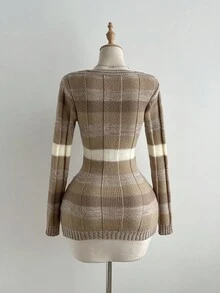 Elamini 拼色条纹V领长袖休闲口袋针织连衣裙，时尚 - 彩色 - 查看 2