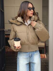 DAZY 女士休闲毛领连帽棉服外套，秋冬夹克 - 咖啡棕 - 查看 6