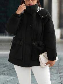 EMERY ROSE Women's Plus Size Casual Hooded Jacket, Autumn/Winter - Black - View 5