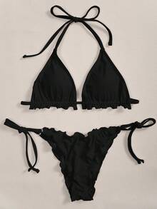 SHEIN Swim Summer Beach Frill Trim Triangle Tie Side Bikini Set - Black - View 6