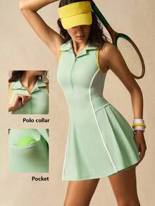 VARSIVA Women's Casual Contrast Trim Zipper Half-Zip Sports Dress Green Tennis Dress