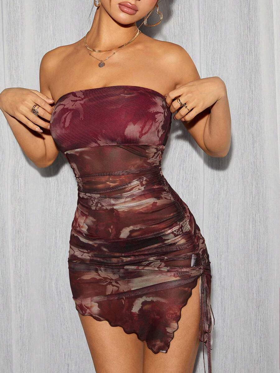 SHEIN PETITE Tie Dye Drawstring Side Ruched Mesh Bodycon Dress For Music Festival Outfits