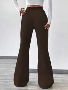 Flirla Damen einfarbige Fleece-Jogginghose mit Tunnelzug in der Taille und ausgestelltem Bein - Kaffeebraun - Übersicht 2