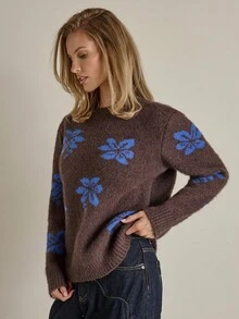 COSMINA Women's Casual Floral Patterned Crew Neck Sweater, Autumn/Winter Sweaters For Women