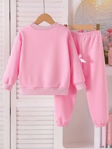 SHEIN Playful Pals 2pcs/Set Young Girls Fashion Pink Bow Round Neck Long Sleeve Sweatshirt And Elastic Waist Jogger Pants, Casual Sporty Outfit Suitable For Spring And Autumn Girls Jogging Set Girls Sweatsuit Set Girls Comfy Set Toddler Girl Sweatsuit Girls Bow Set Fall Winter